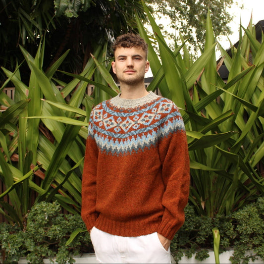 Man wearing the Chunky wool Fairisle Sweater in Rowan by Harley of Scotland