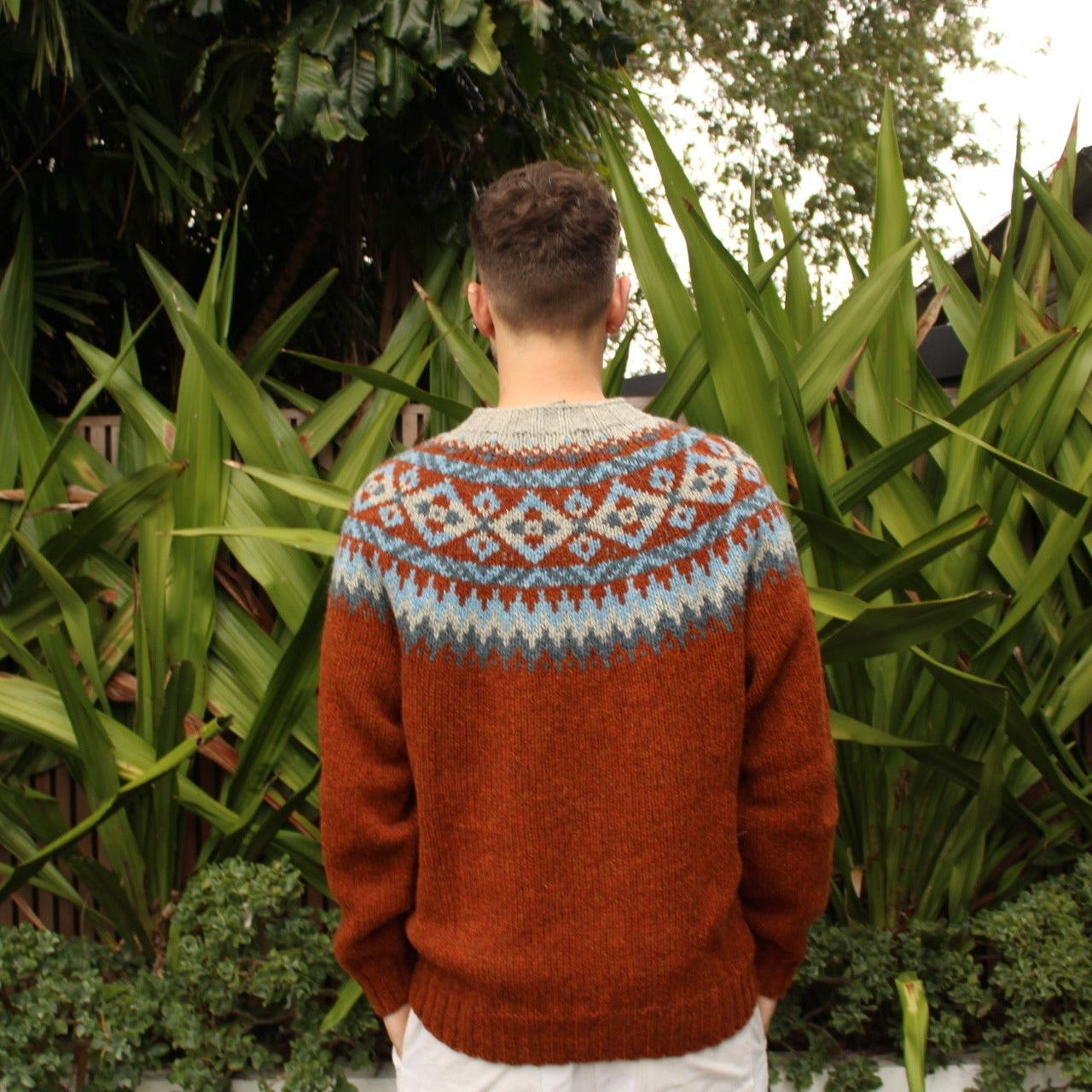 Back view of the men's Chunky wool Fairisle Sweater in Rowan by Harley of Scotland