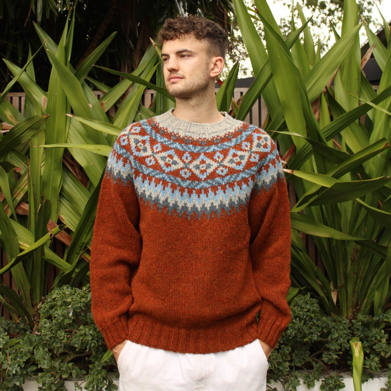 Man wearing the Chunky wool Fairisle Sweater in Rowan by Harley of Scotland