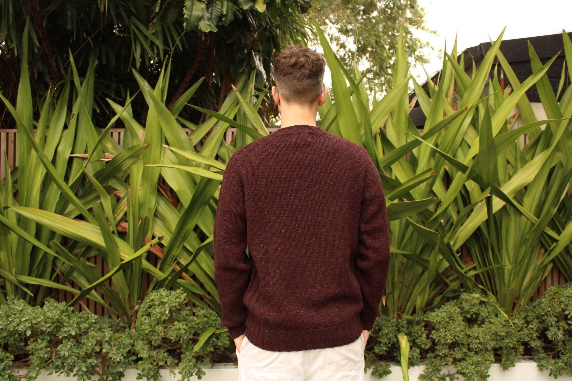 Back of the men's Chunky Nep wool Sweater in Lewis by Harley of Scotland