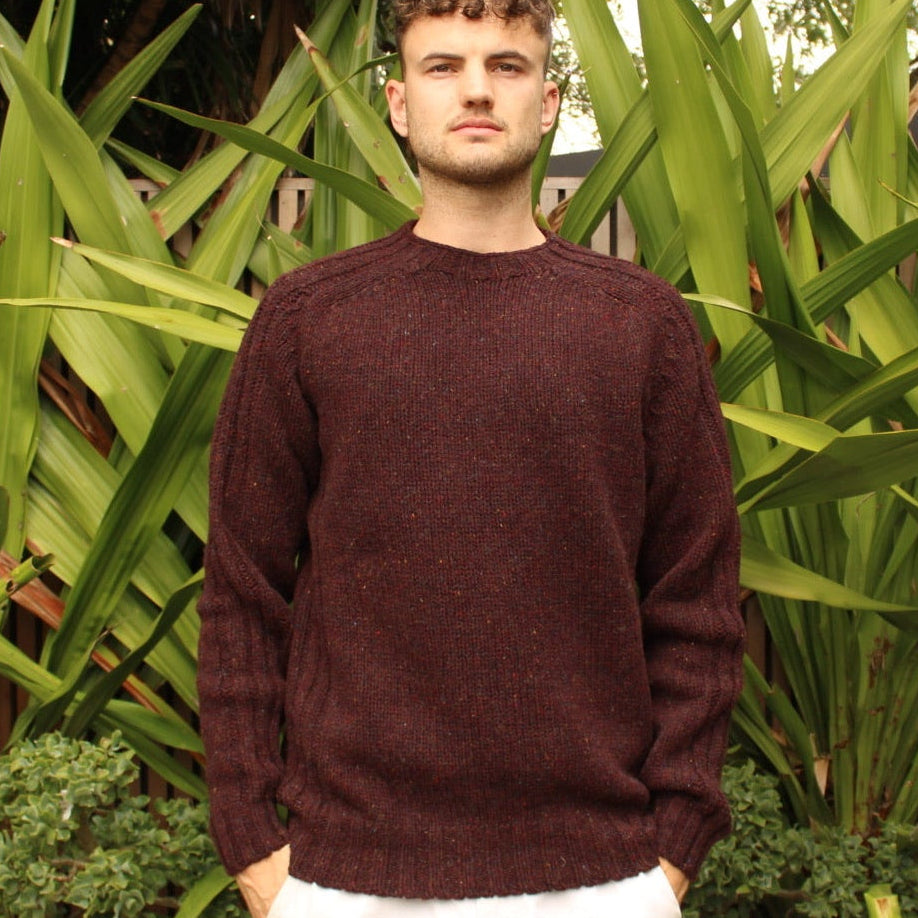 Man wearing the Chunky Nep wool Sweater in Lewis by Harley of Scotland