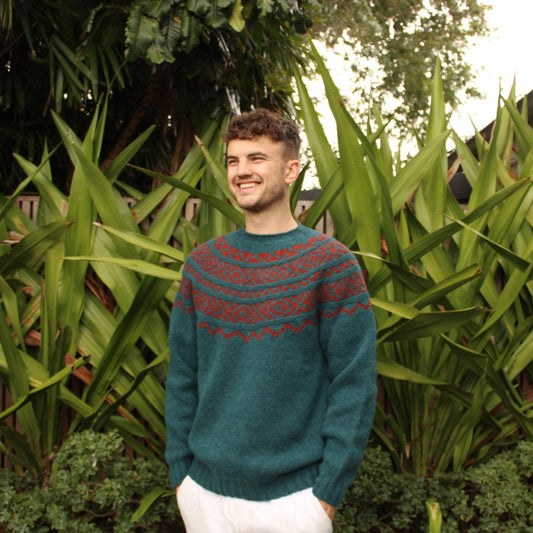 Man wearing the Shetland wool Fairisle Sweater in Tempest and Madder by Harley of Scotland