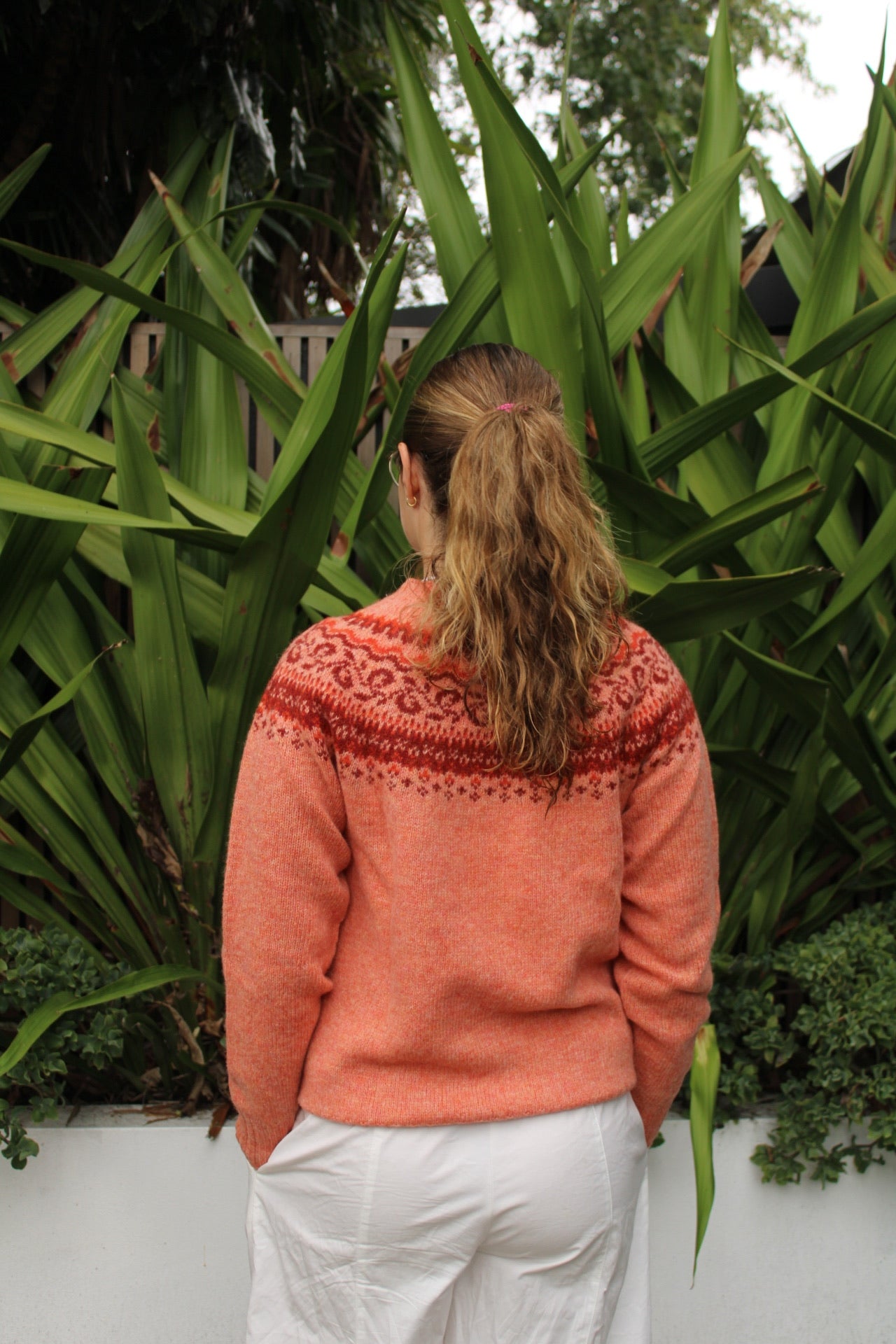 Back of the Pretty Fairisle jumper by Harley of Scotland in orange Parfait