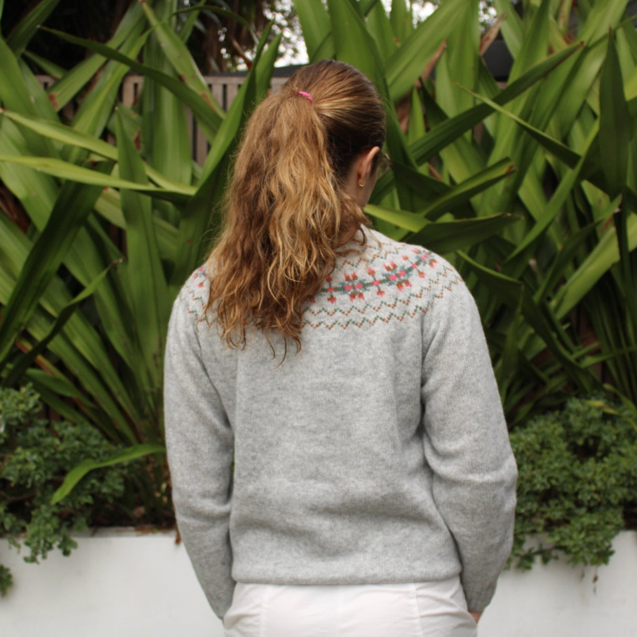 Back view of the wool Snowflake Fairisle Cardigan in Silver by Harley of Scotland