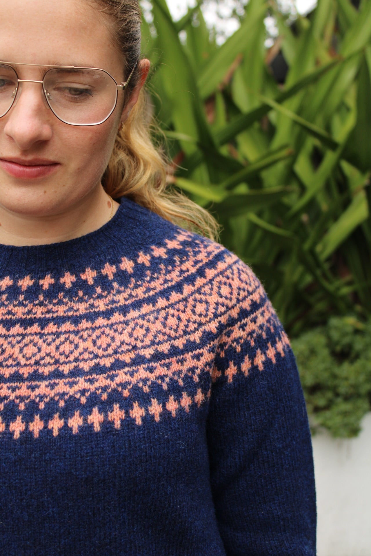 Close up of the knitted wool Fairisle pattern on the yoke 