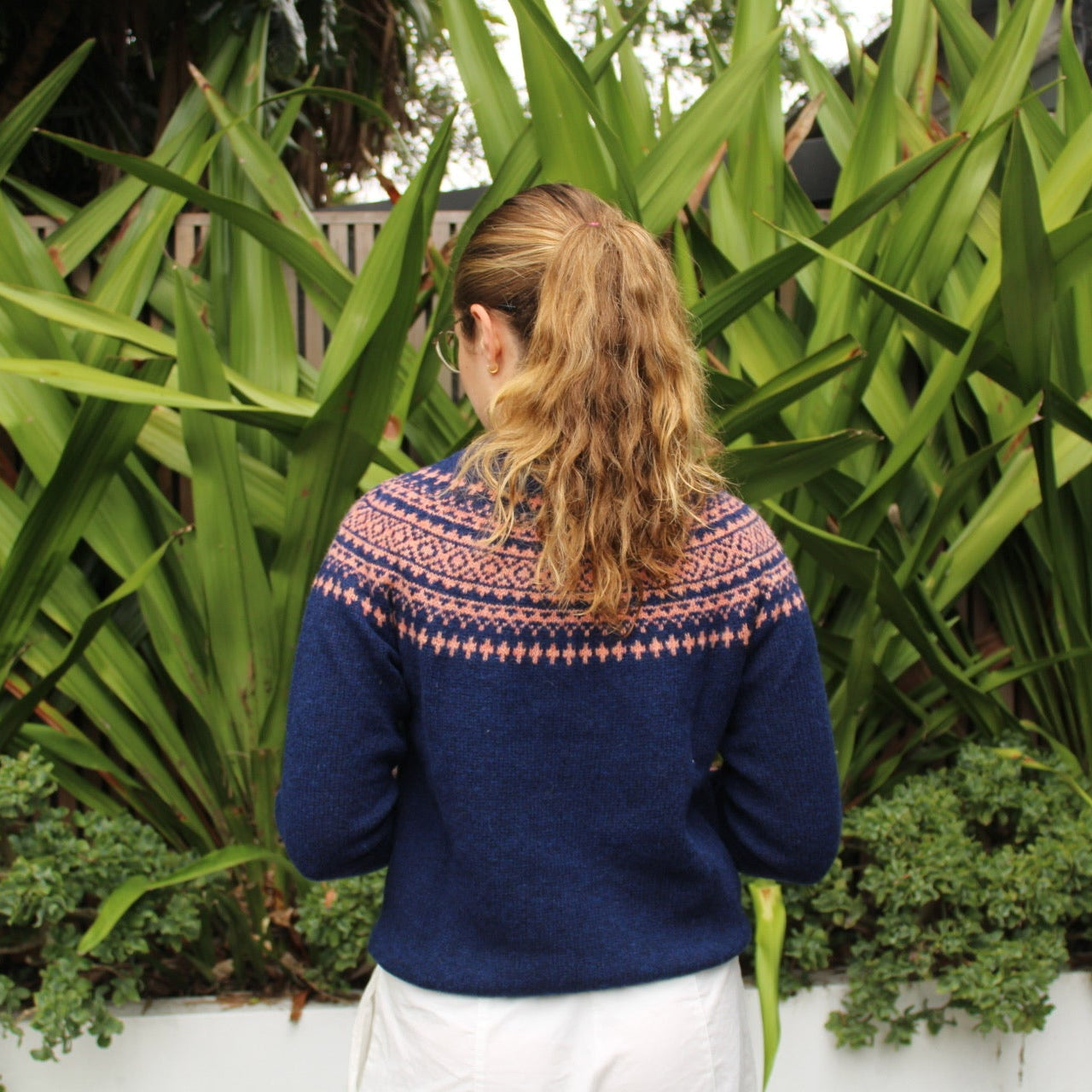 Back view of the Two Tone Fairisle Jumper by Harley of Scotland in Night and Parfait