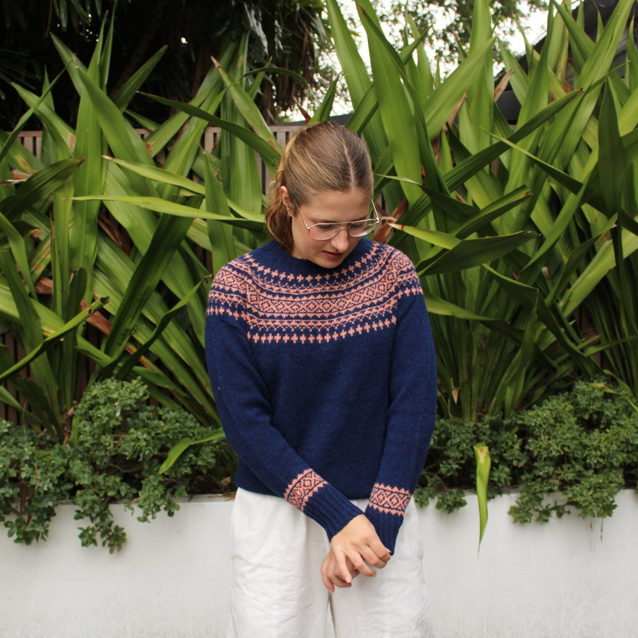 Woman wearing the Two Tone Fairisle Jumper by Harley of Scotland in Night and Parfait