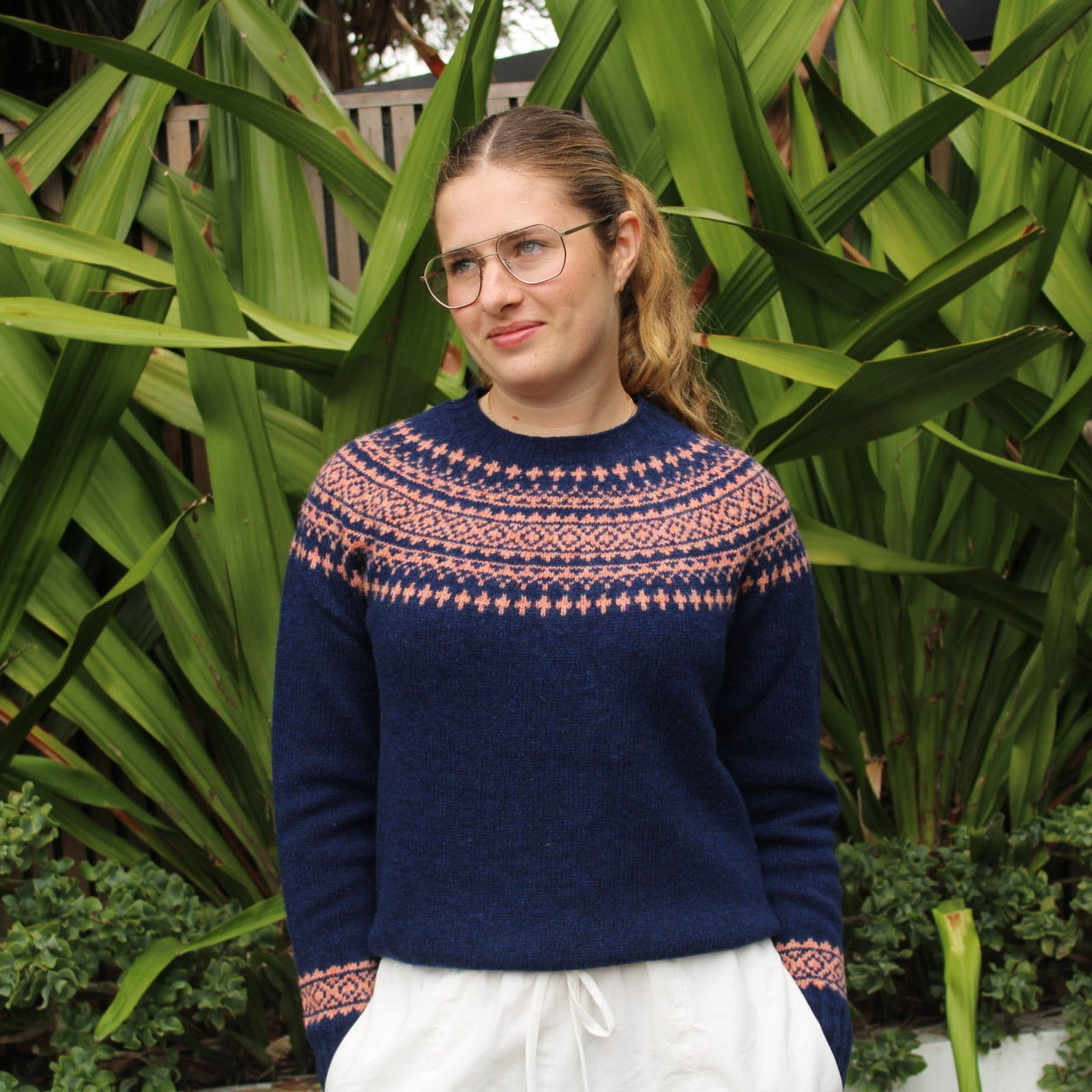Woman wearing the Two Tone Fairisle Jumper by Harley of Scotland in Night and Parfait