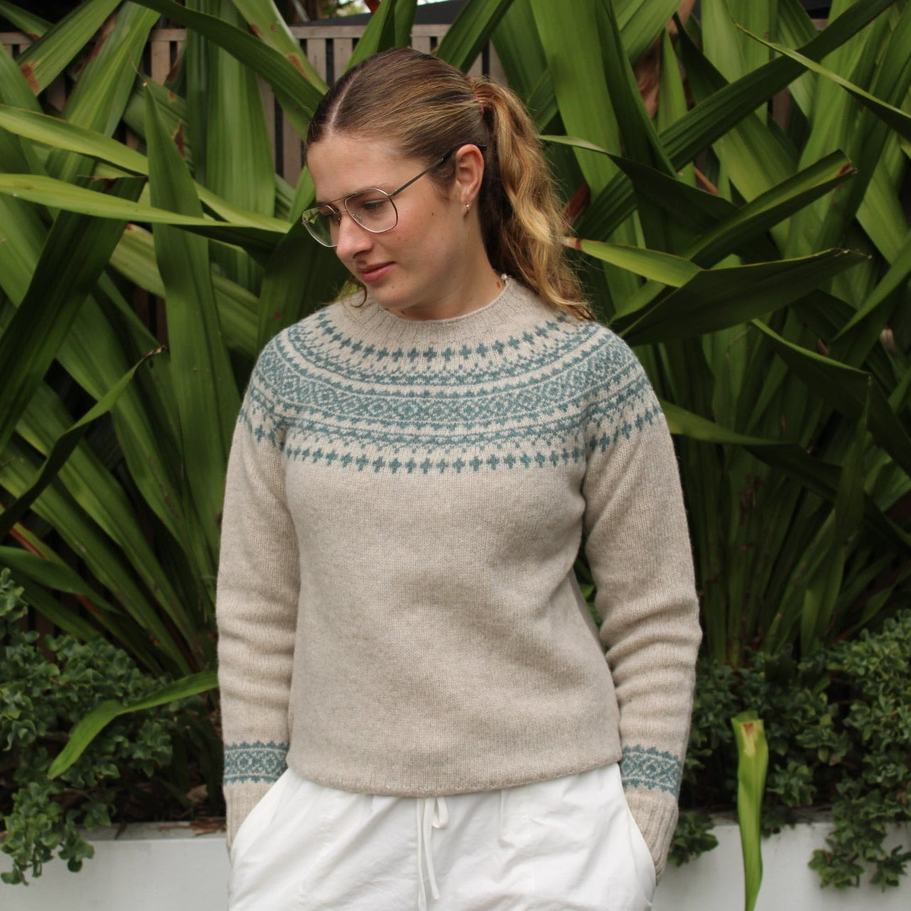 Woman wearing the wool Two Tone Fairisle Jumper by Harley of Scotland in Vellum and Verdigris