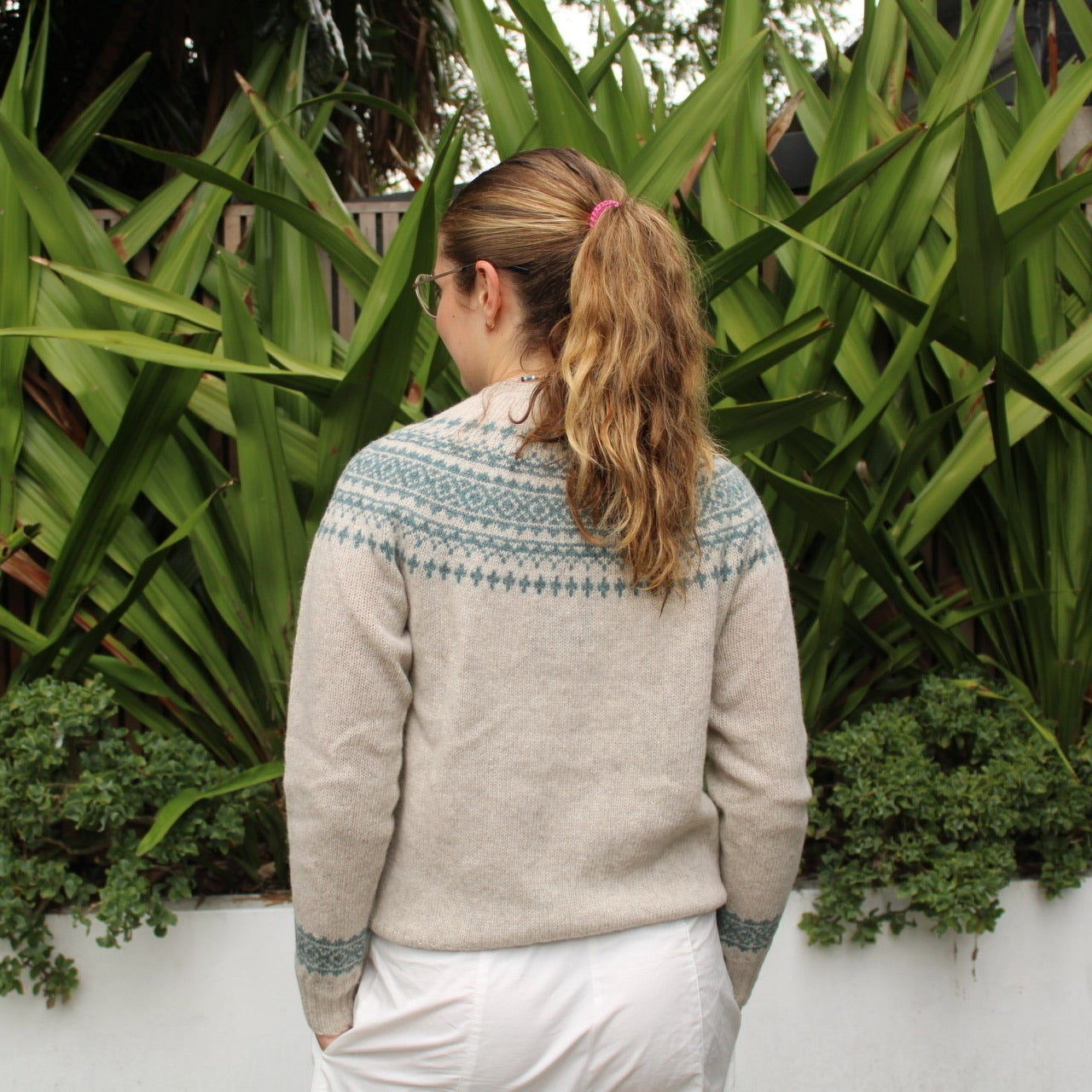 Back view of the wool Two Tone Fairisle Jumper by Harley of Scotland in Vellum and Verdigris