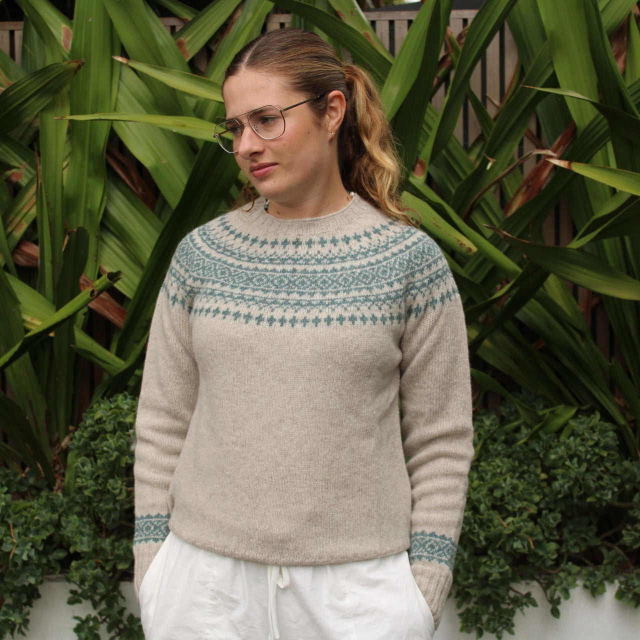 Woman wearing the wool Two Tone Fairisle Jumper by Harley of Scotland in Vellum and Verdigris