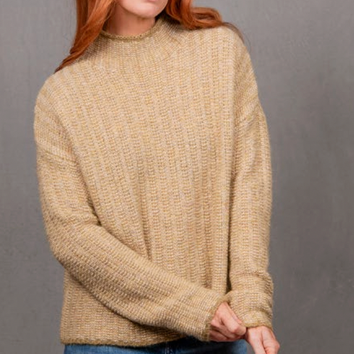 Woman wearing the Links Stripe Pullover in Citrine by Bridge and Lord