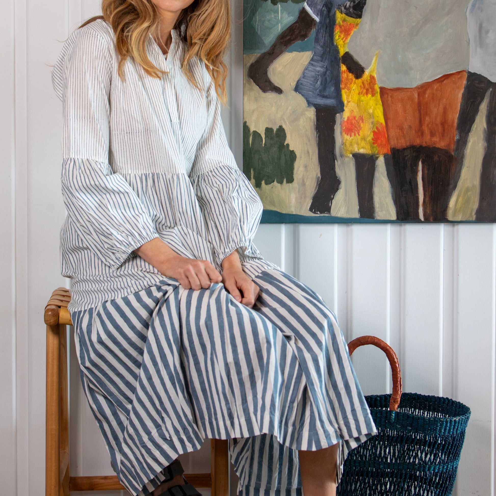 Woman wearing the Lee maxi cotton dress in pablo blue by Mandalay Designs