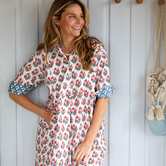 Woman wearing the all natural fibre Flower Bunch Shirtdress by Mandalay in cotton Tomato