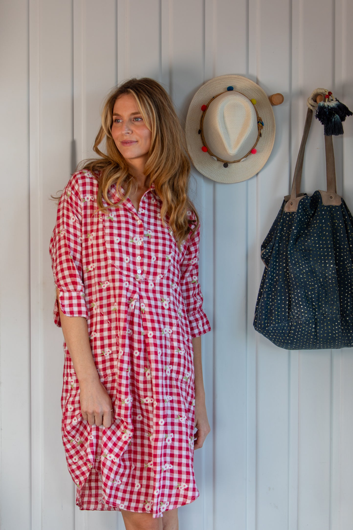 Woman wearing the Rose Lee Gingham Shirtdress by Mandalay in linen