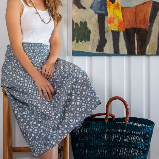 Woman wearing the cotton Window Pane Skirt by Mandalay Designs in Blue