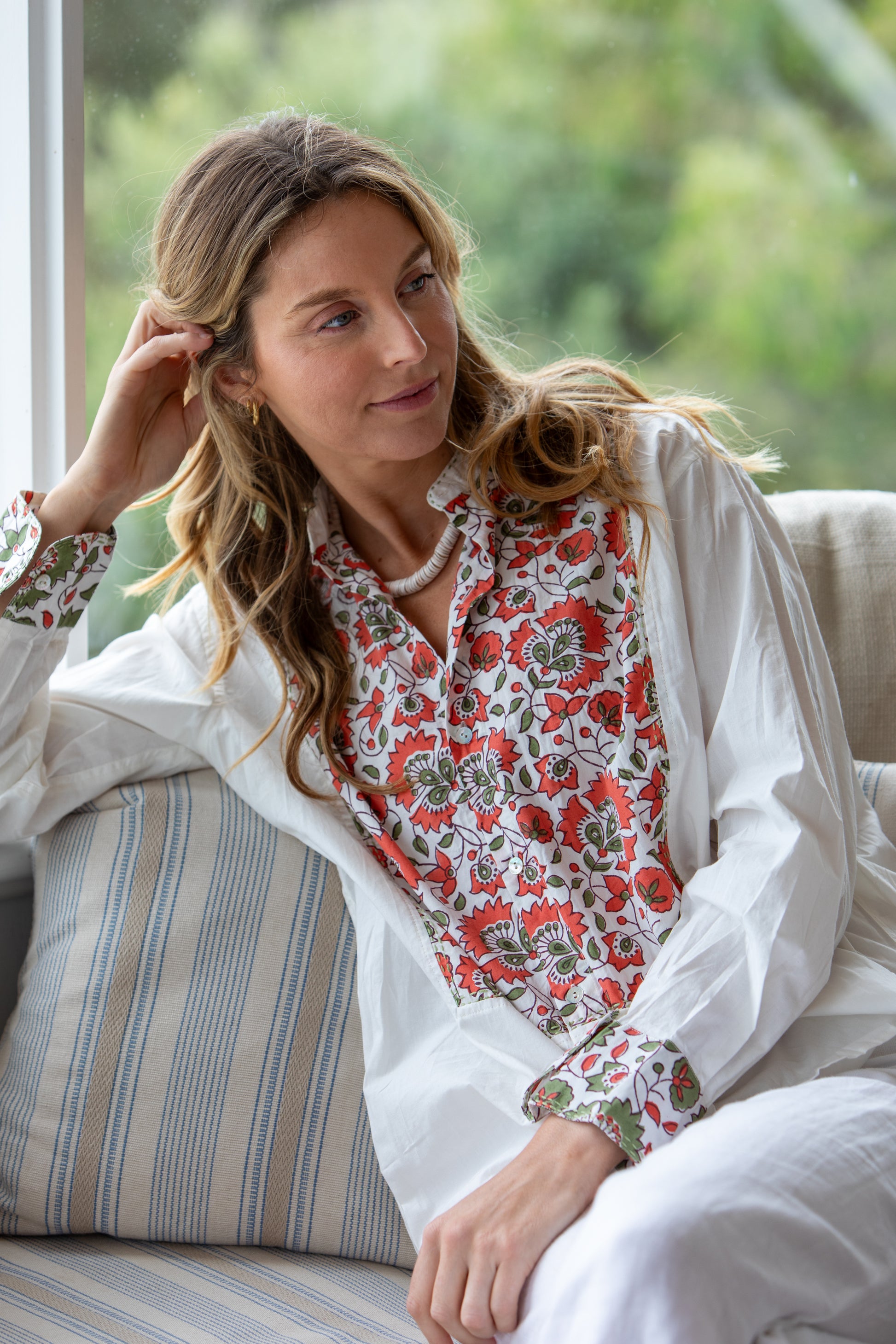Woman wearing the Folk Love Dinner cotton Shirt in White Multi by Mandalay Designs