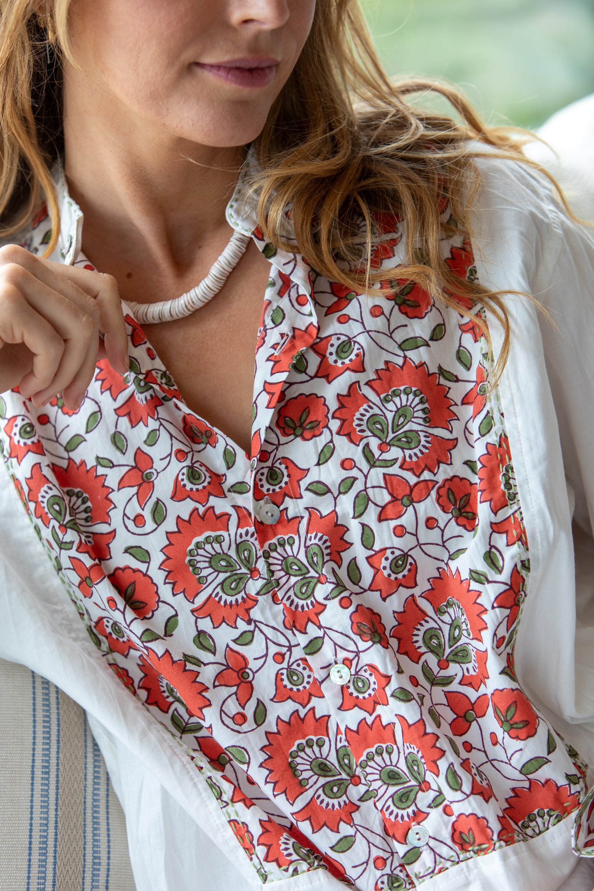 Woman wearing the Folk Love Dinner Shirt in White Multi by Mandalay Designs