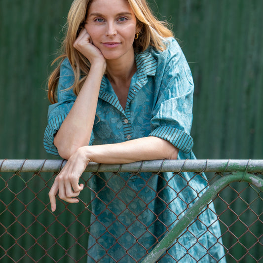 Mandalay Designs shirt dress in Bella Floral Wedgewood block print