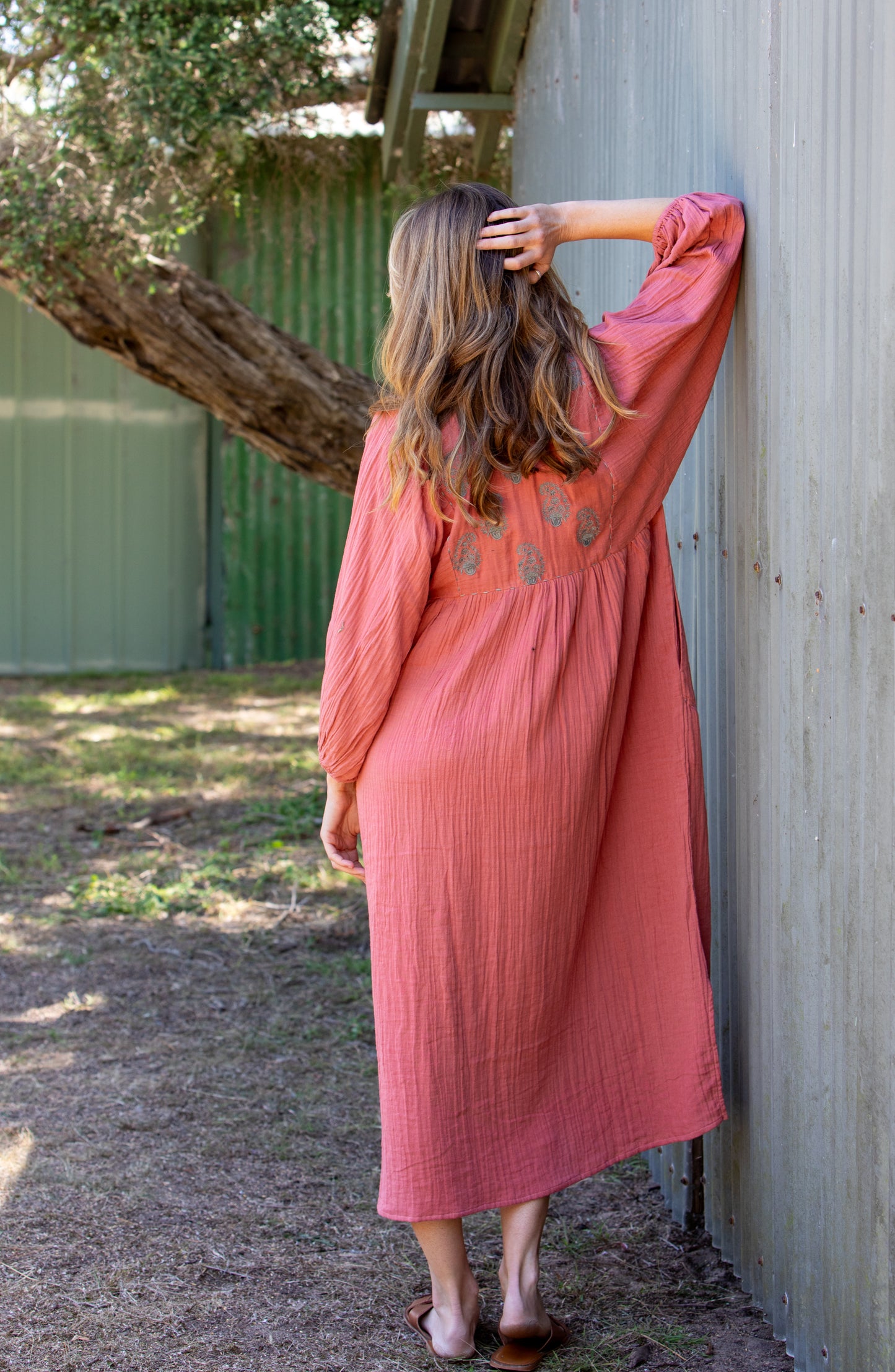 Mandalay Designs Paisley Souq Dress in Coral Made from all natural fibres