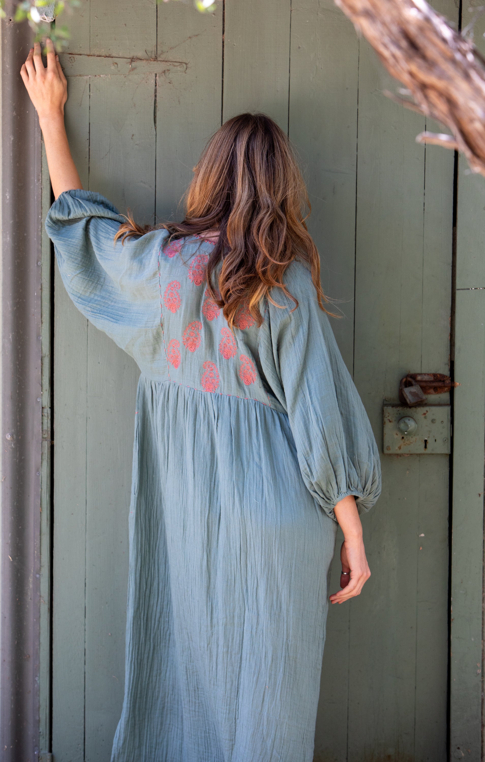 Mandalay Designs Paisley Souq Dress in Wasabi made with Organic cotton - all natural fibres.
