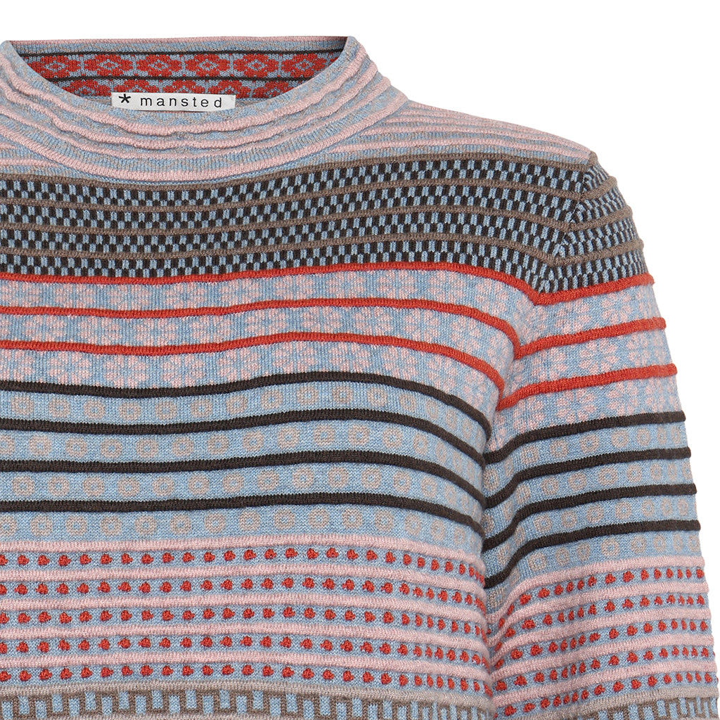 Detail of the Beck floral top by Mansted in Denim and pink stripe