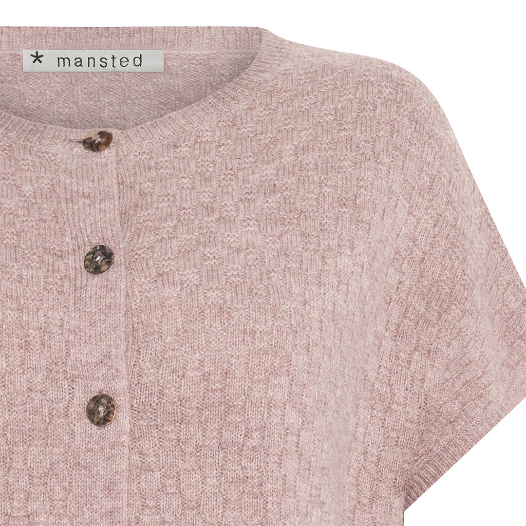 Detail of the lambswool Komma knitted Vest in Rose pink by Mansted