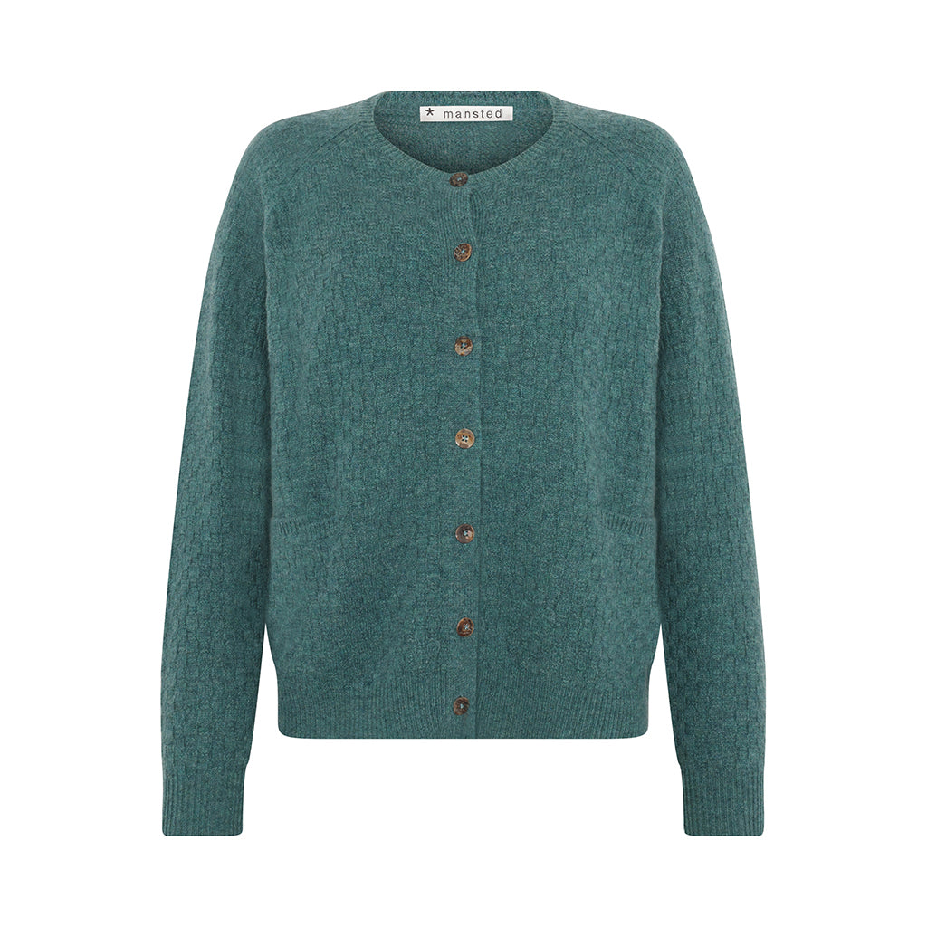 Front of the lambswool Korinne Cardigan in Sea blue by Mansted