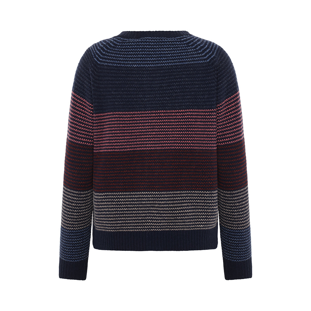 Back of the woollen Loire Cardigan in Navy stripes by Mansted