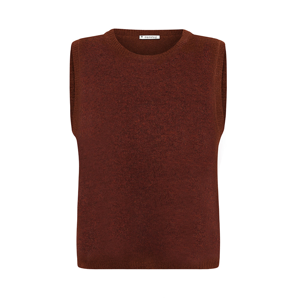 Front of the Mitos knitted vest in Spice red by Mansted