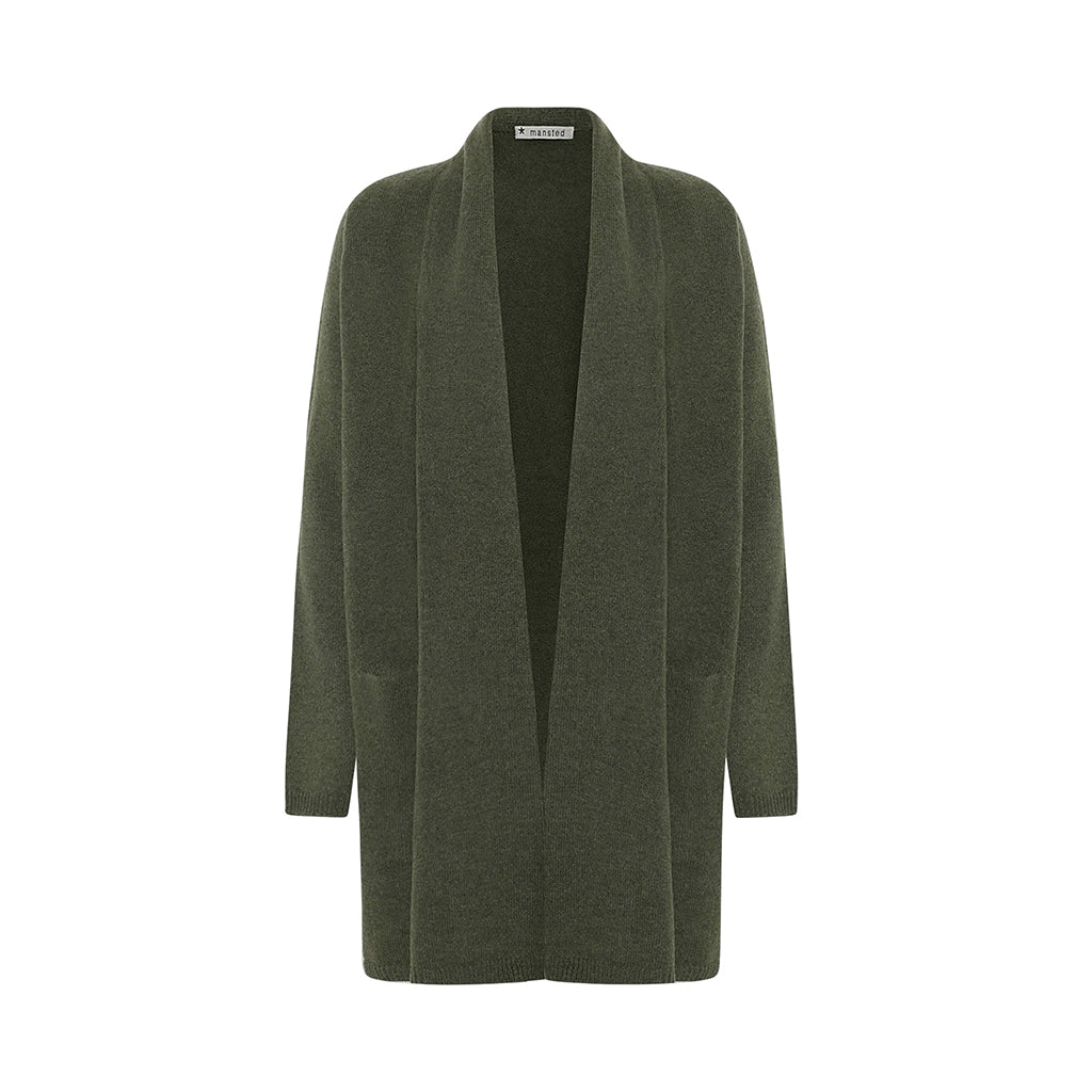 Front of the Mitty Long woollen cardigan in Forest green by Mansted