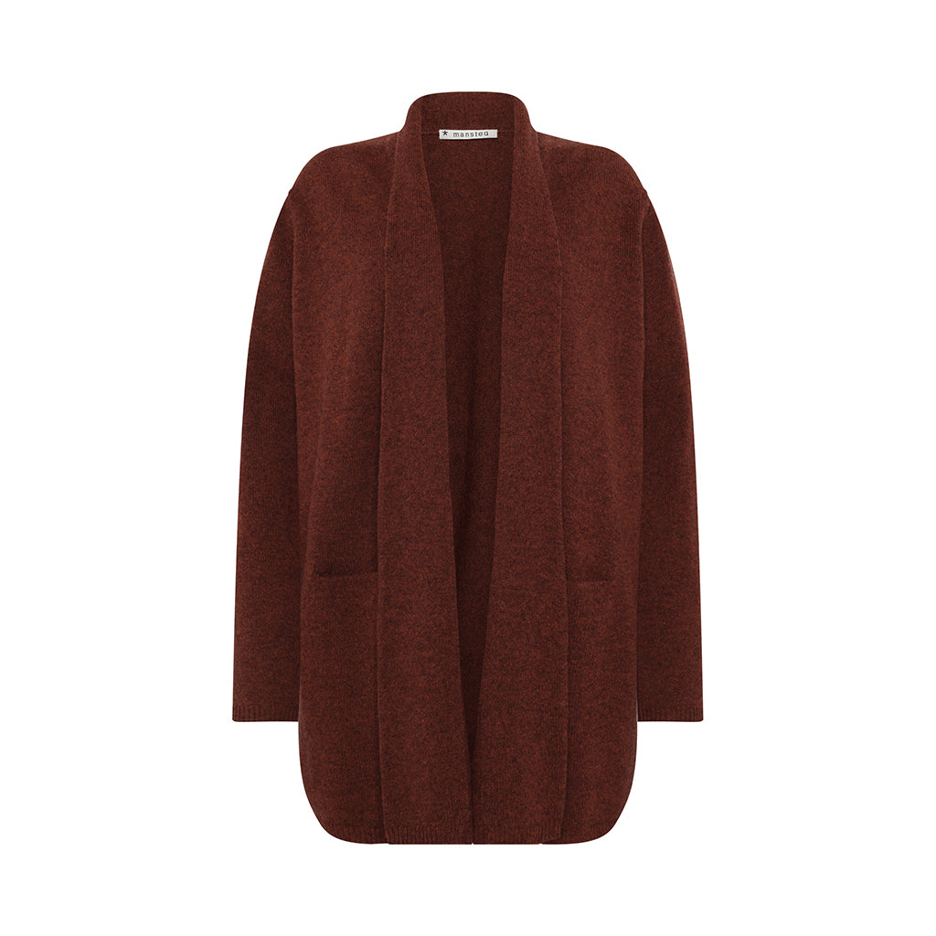 Front of the Mitty Long Cardigan in Spice red by Mansted