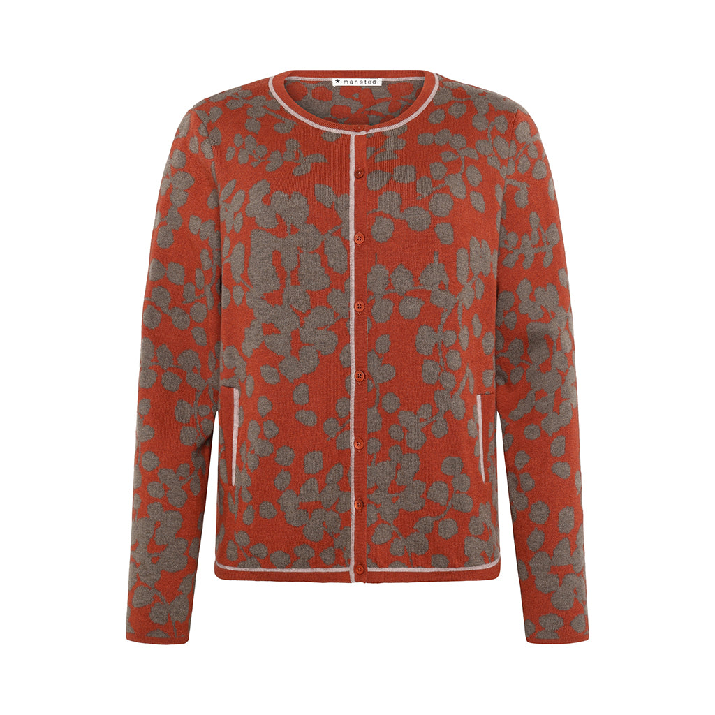 Front of the floral Merino Natasha Cardigan in Rust red by Mansted