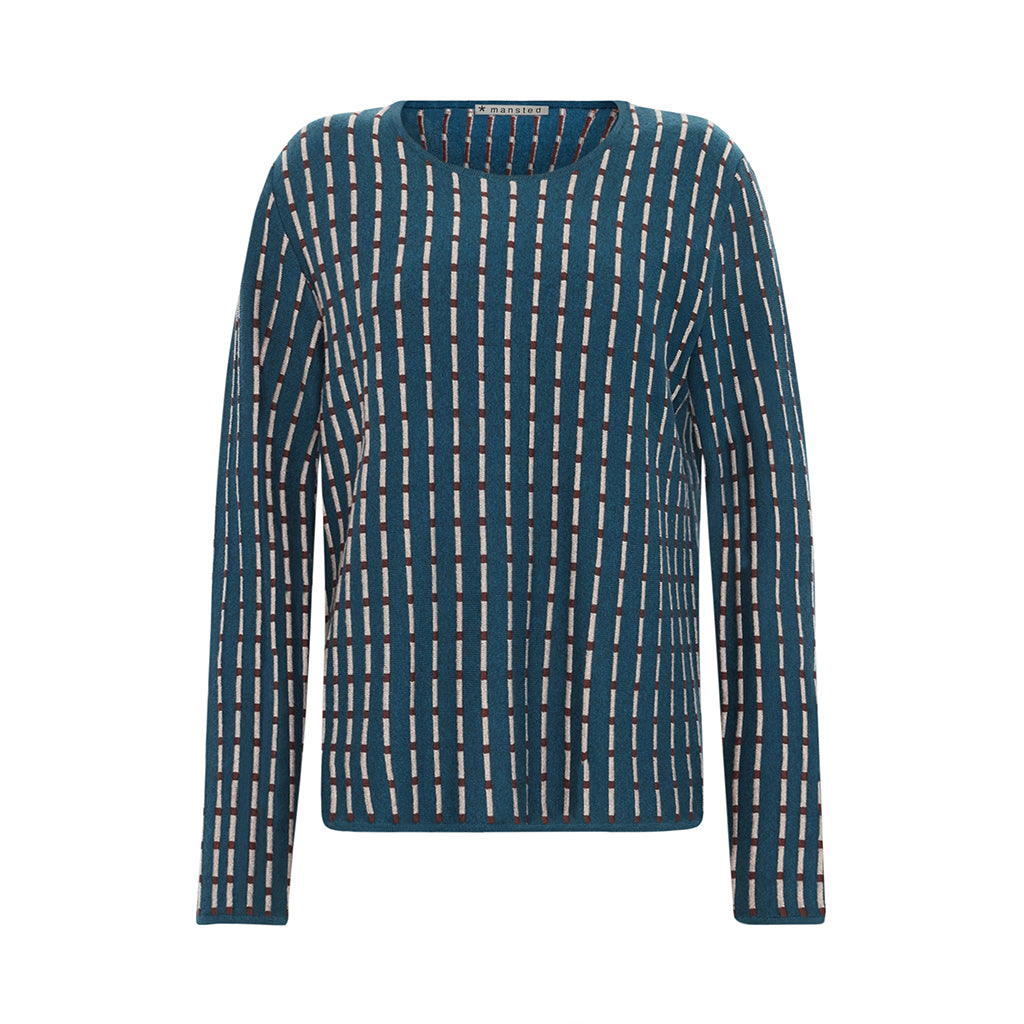 Front of the Merino cotton Penelope top in Dark Aqua stripes by Mansted
