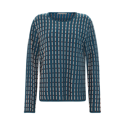 Front of the Merino cotton Penelope top in Dark Aqua stripes by Mansted