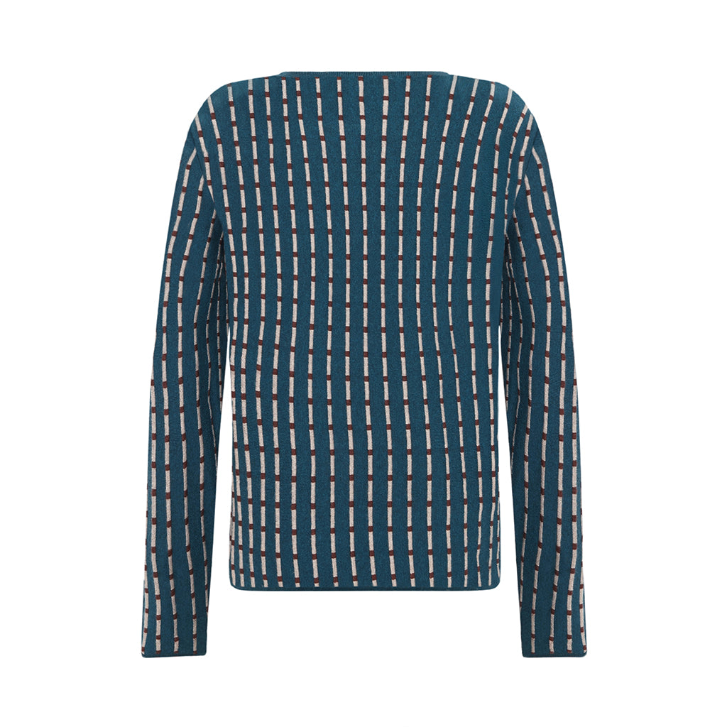 Back of the Merino cotton Penelope top in Dark Aqua stripes by Mansted