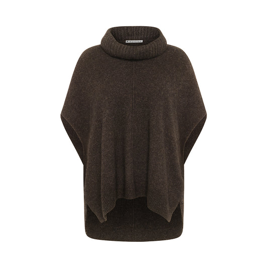 Front of the Zobee cowl neck sweater vest in Brown by Mansted for women