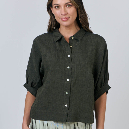 Woman wearing Naturals by O&J's 3/4 Sleeve Linen Shirt in Licorice