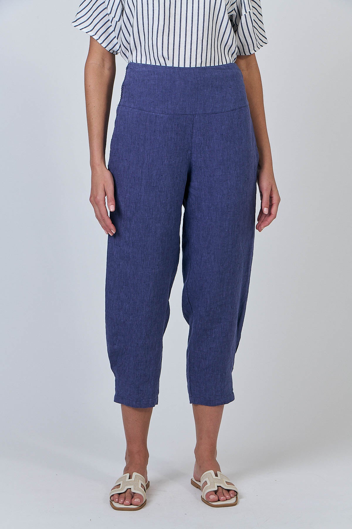 Woman wearing Natural by O&J's Cropped Linen Pants in Blueberry