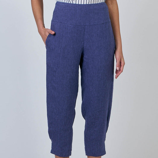 Woman wearing Natural by O&J's Cropped Linen Pants in Blueberry