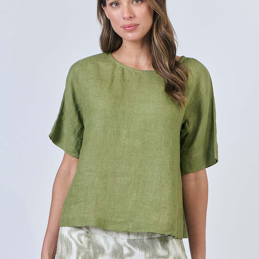 Woman wearing Naturals by O&J's Simple Linen Top in Moss green