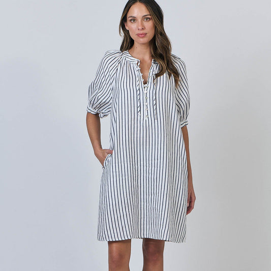 Woman wearing the Naturals by O&J's Striped Linen Dress in Blueberry