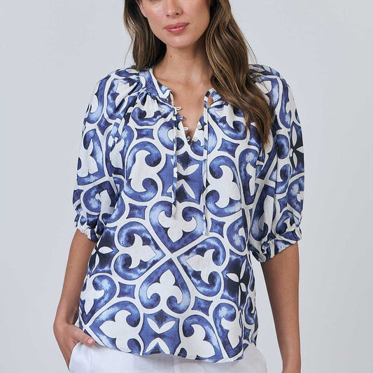 Woman wearing Natural by O&J's Tunic Top in Corfu blue