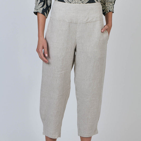 Woman wearing the Cropped Linen Pants by Naturals by O&J 