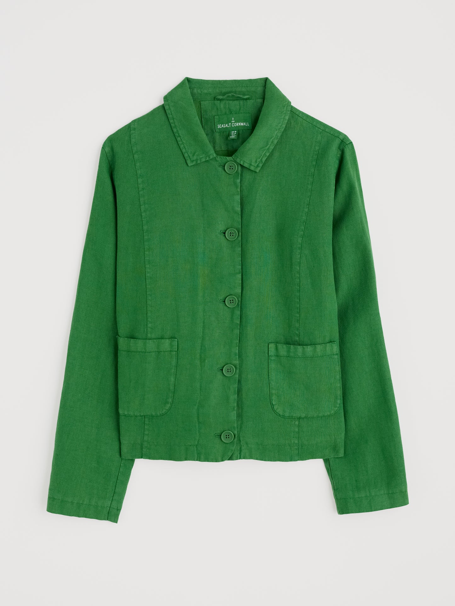 Flat lay of The Arame Linen Jacket in Hedgerow green for women by SEASALT