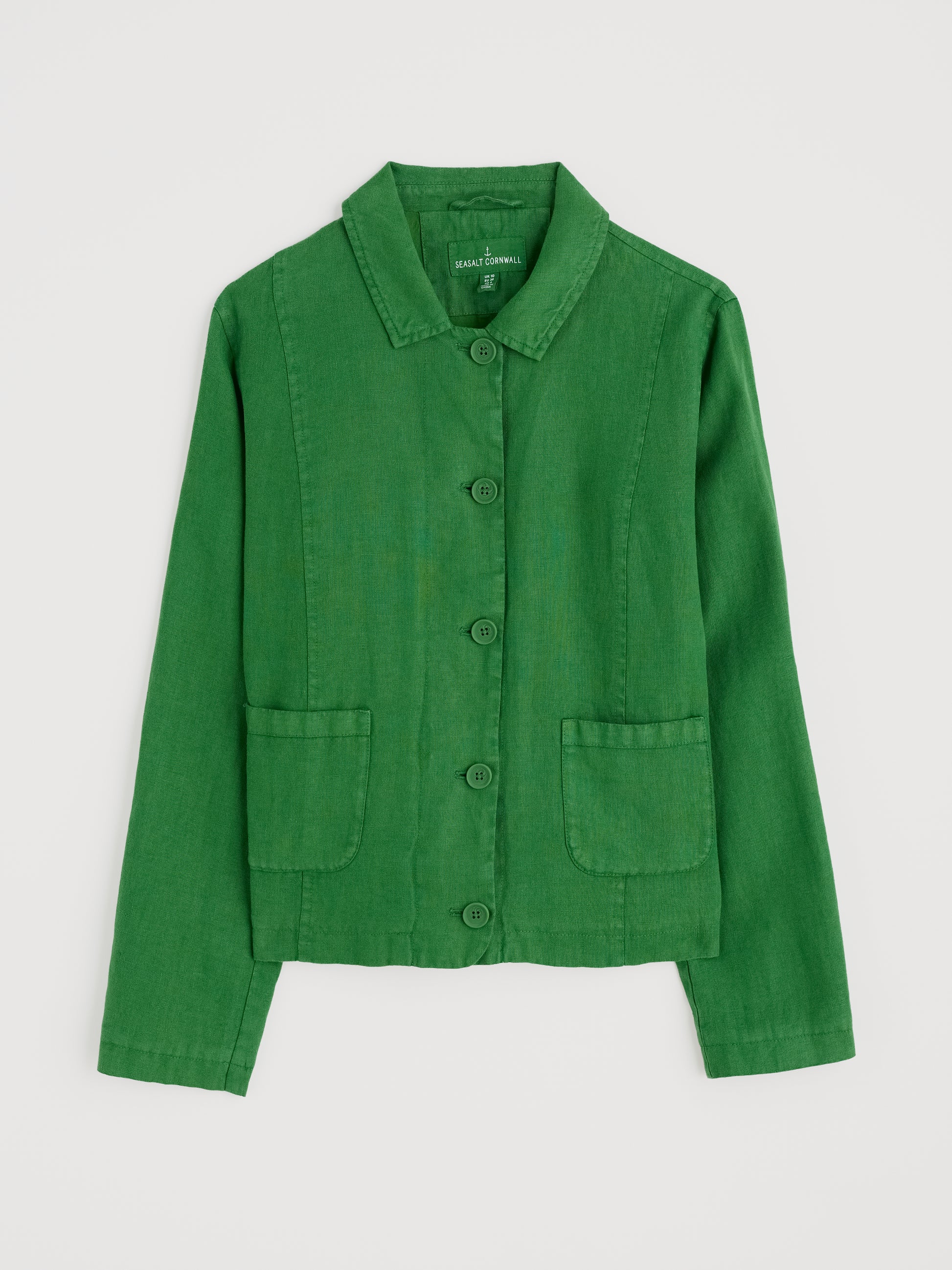 Flat lay of The Arame Linen Jacket in Hedgerow green for women by SEASALT