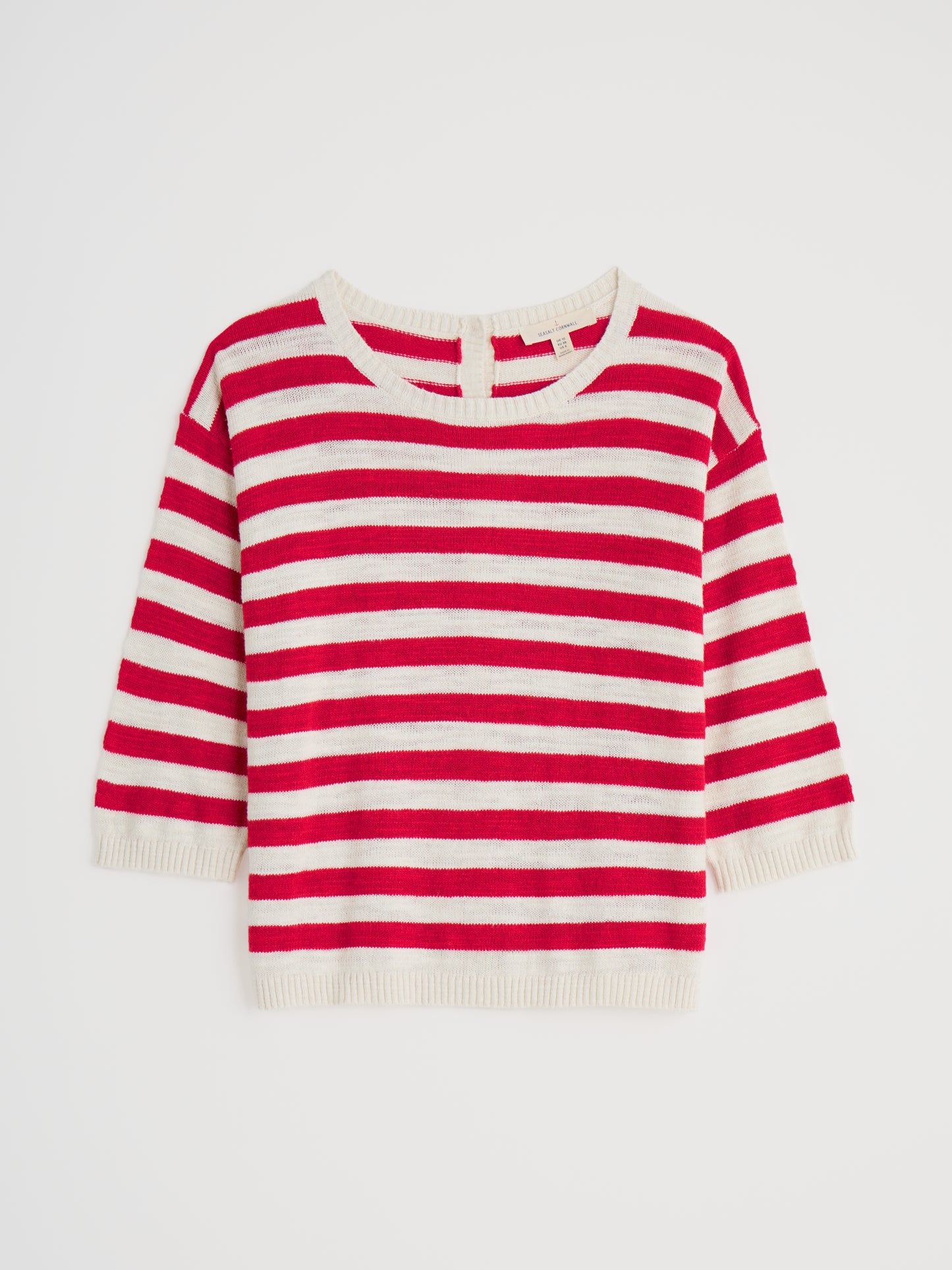 Flat lay of the Knavock Striped Jumper by SEASALT in Cornish Chalk Scarlet