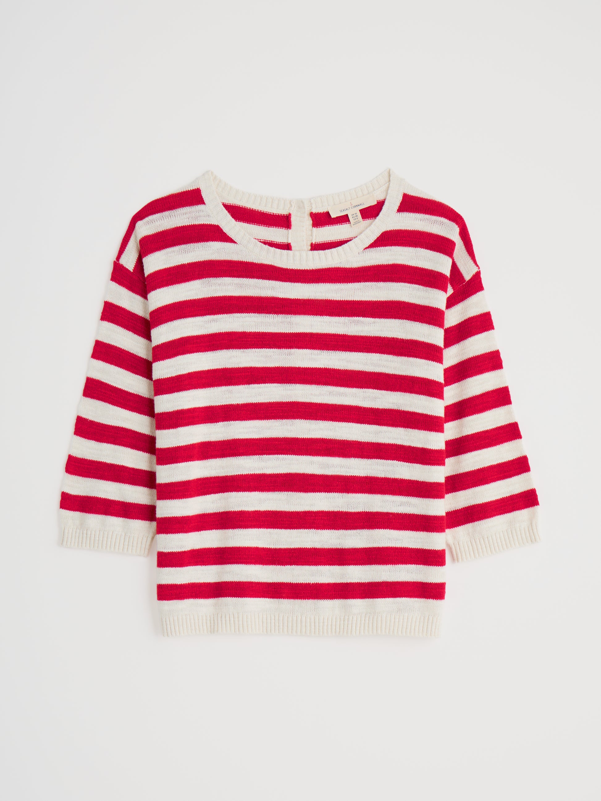 Flat lay of the Knavock Striped Jumper by SEASALT in Cornish Chalk Scarlet