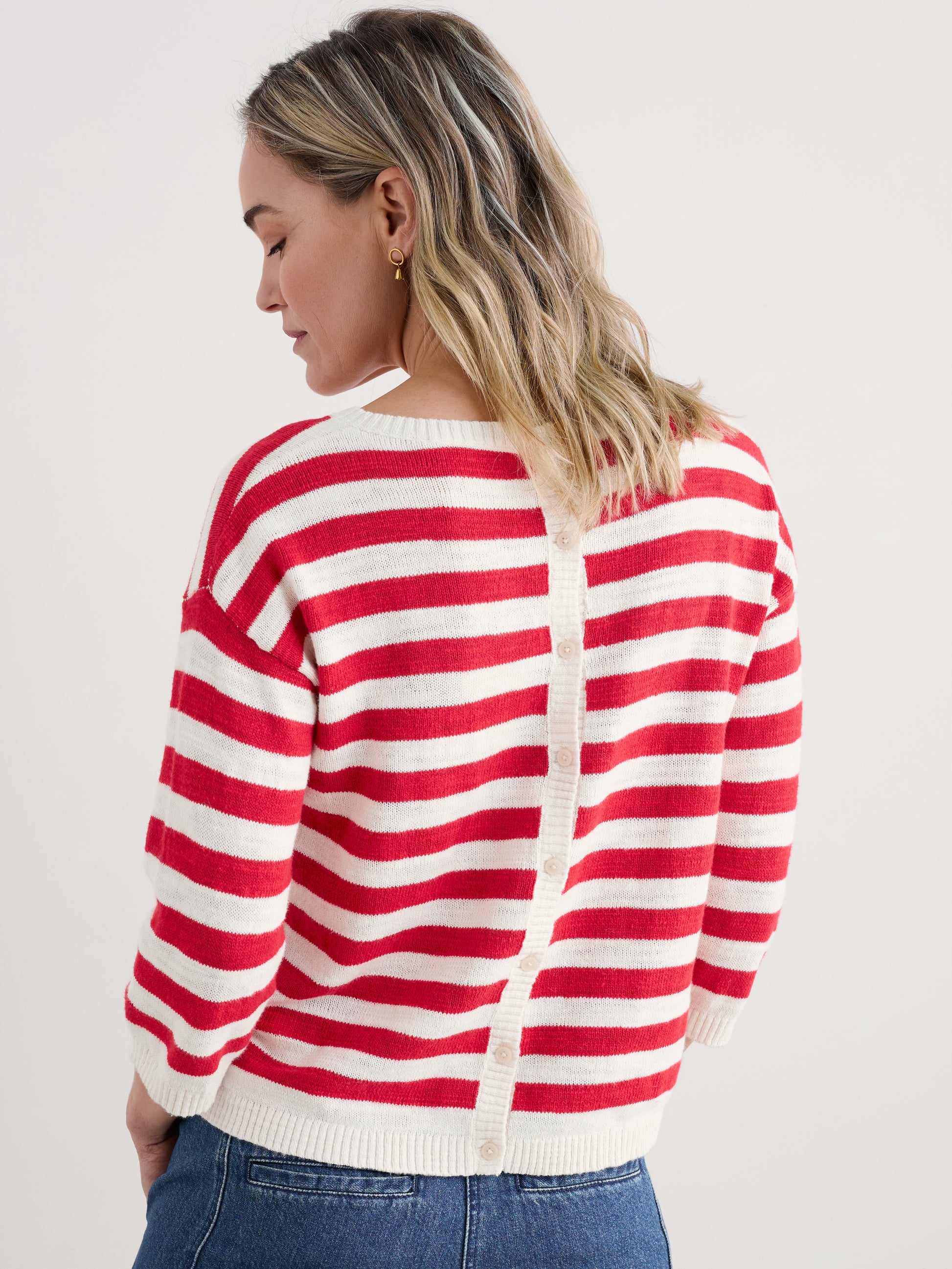 Back of the the Knavock Striped Jumper by SEASALT in Cornish Chalk Scarlet with buttons
