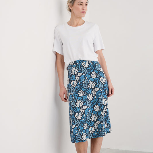 Woman wearing the Rose cotton midi Skirt by SEASALT in Cut Out Seaweed Maritime blue